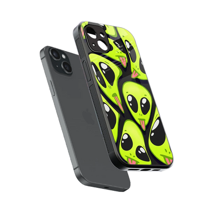 Trippy Aliens sleek iphone 14 plus cover with tempered glass back and TPU edges