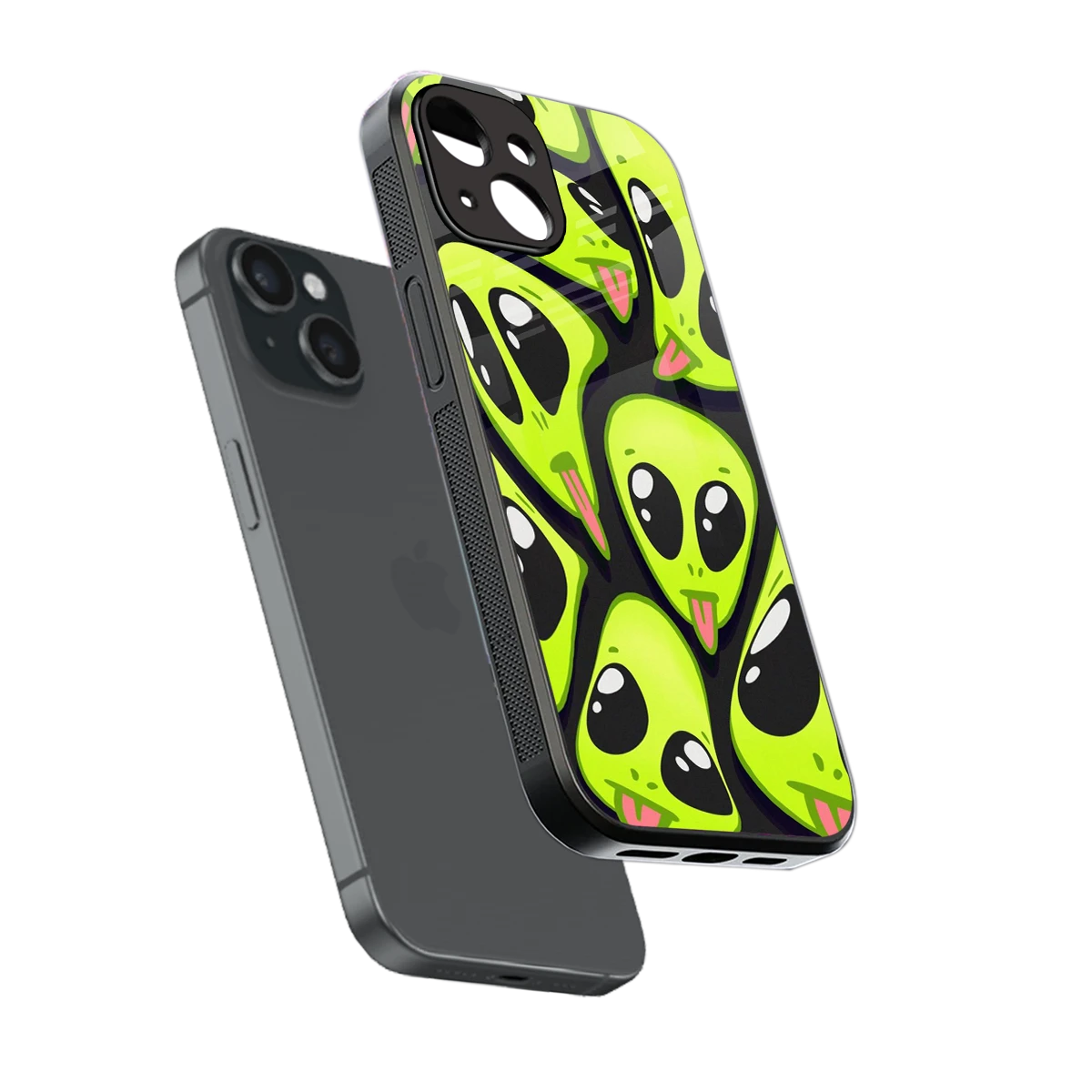 Trippy Aliens sleek iphone 15 cover with tempered glass back and TPU edges
