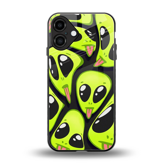 Trippy Aliens back phone cover | glass case for iphone 16 plus