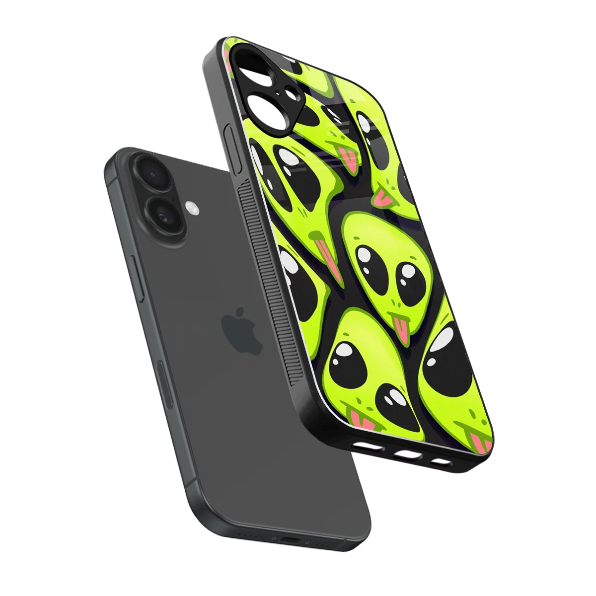 Trippy Aliens sleek iphone 16 plus cover with tempered glass back and TPU edges