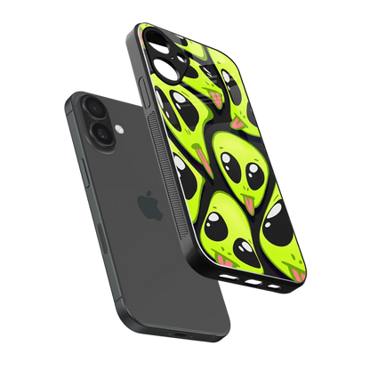 Trippy Aliens sleek iphone 16 plus cover with tempered glass back and TPU edges
