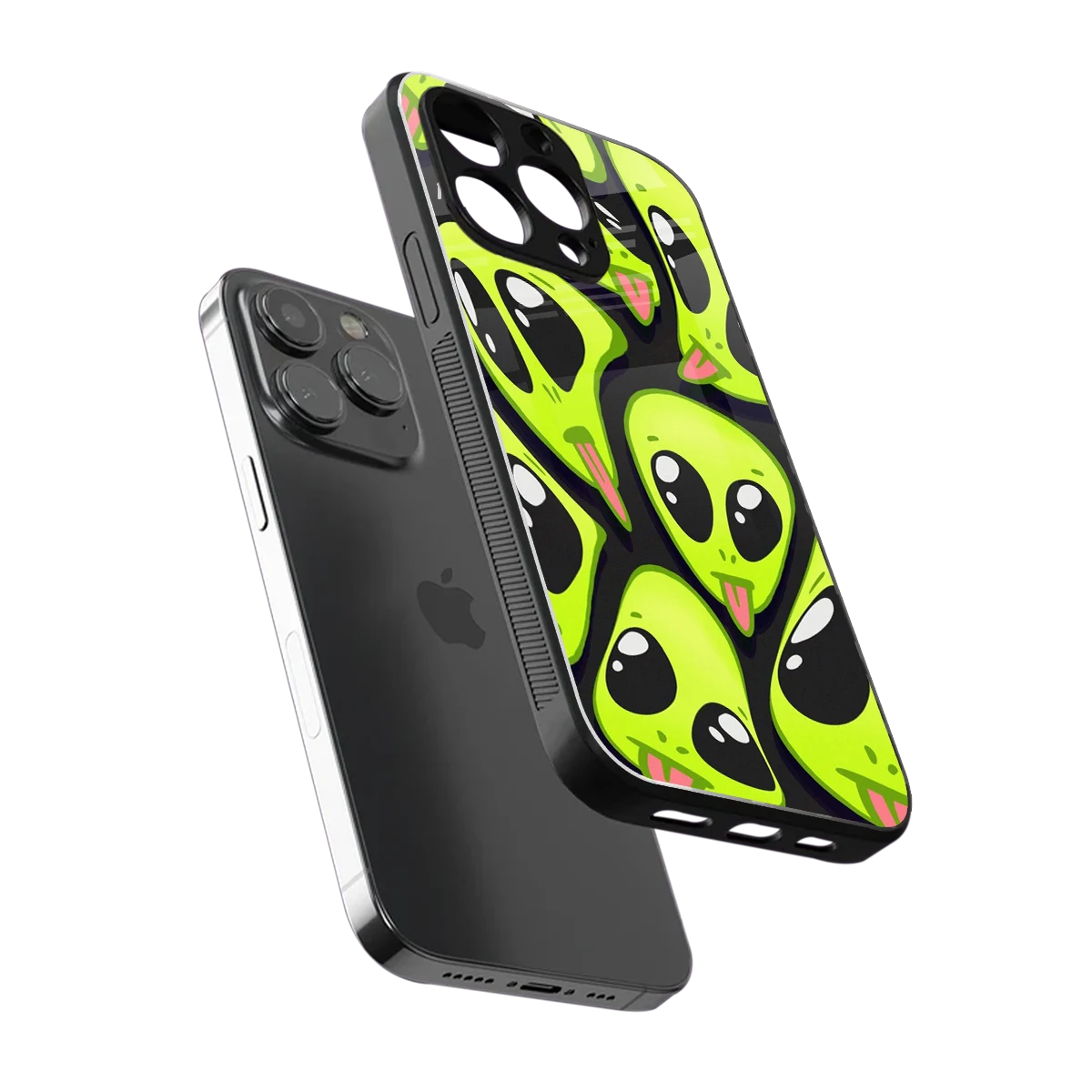 Trippy Aliens sleek iphone 16 pro max cover with tempered glass back and TPU edges