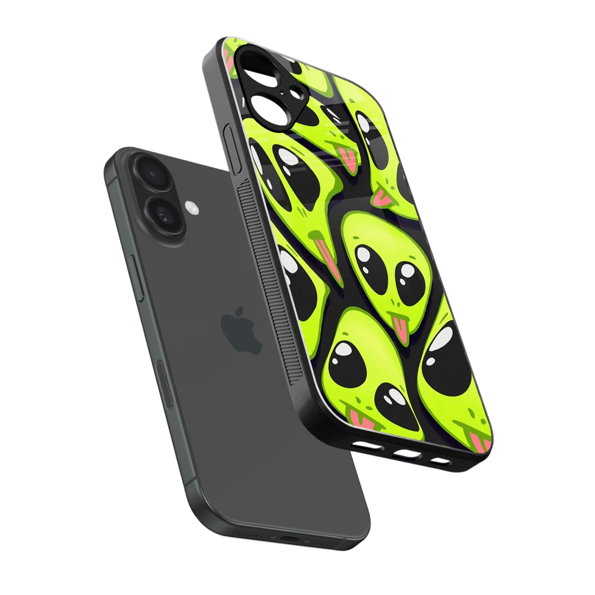 Trippy Aliens sleek iPhone 16 cover with tempered glass back and TPU edges
