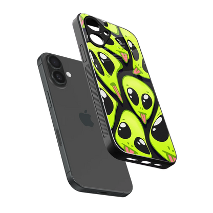 Trippy Aliens sleek iPhone 16 cover with tempered glass back and TPU edges