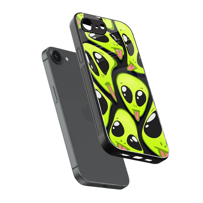 Trippy Aliens sleek iphone 16e cover with tempered glass back and TPU edges