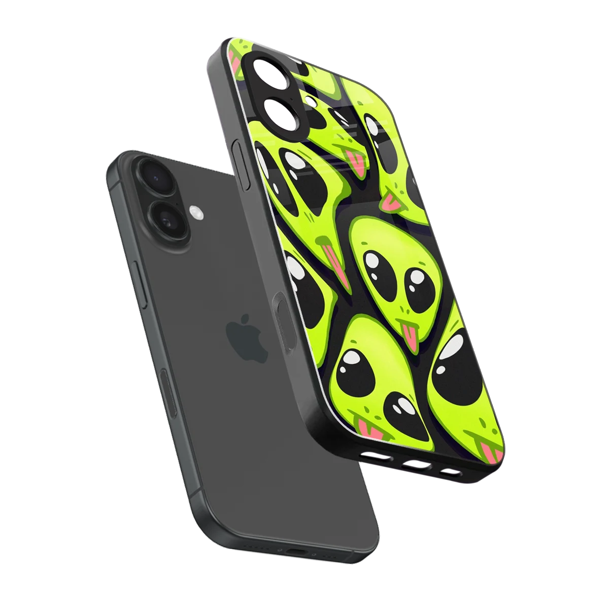 Trippy Aliens sleek iphone 17 cover with tempered glass back and TPU edges