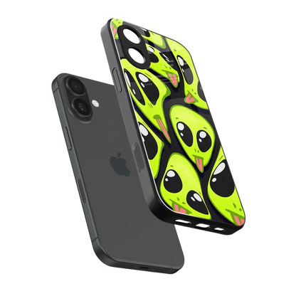 Trippy Aliens sleek iphone 17 cover with tempered glass back and TPU edges