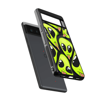 Trippy Aliens sleek google pixel 6a cover with tempered glass back and TPU edges