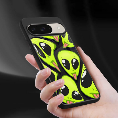 Trippy Aliens sleek google pixel 9 cover with tempered glass back and TPU edges