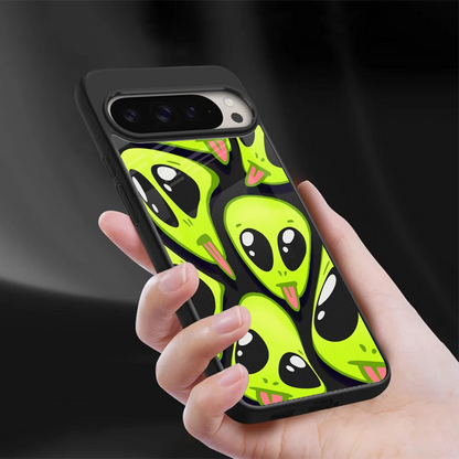 Trippy Aliens sleek google pixel 9 pro xl cover with tempered glass back and TPU edges