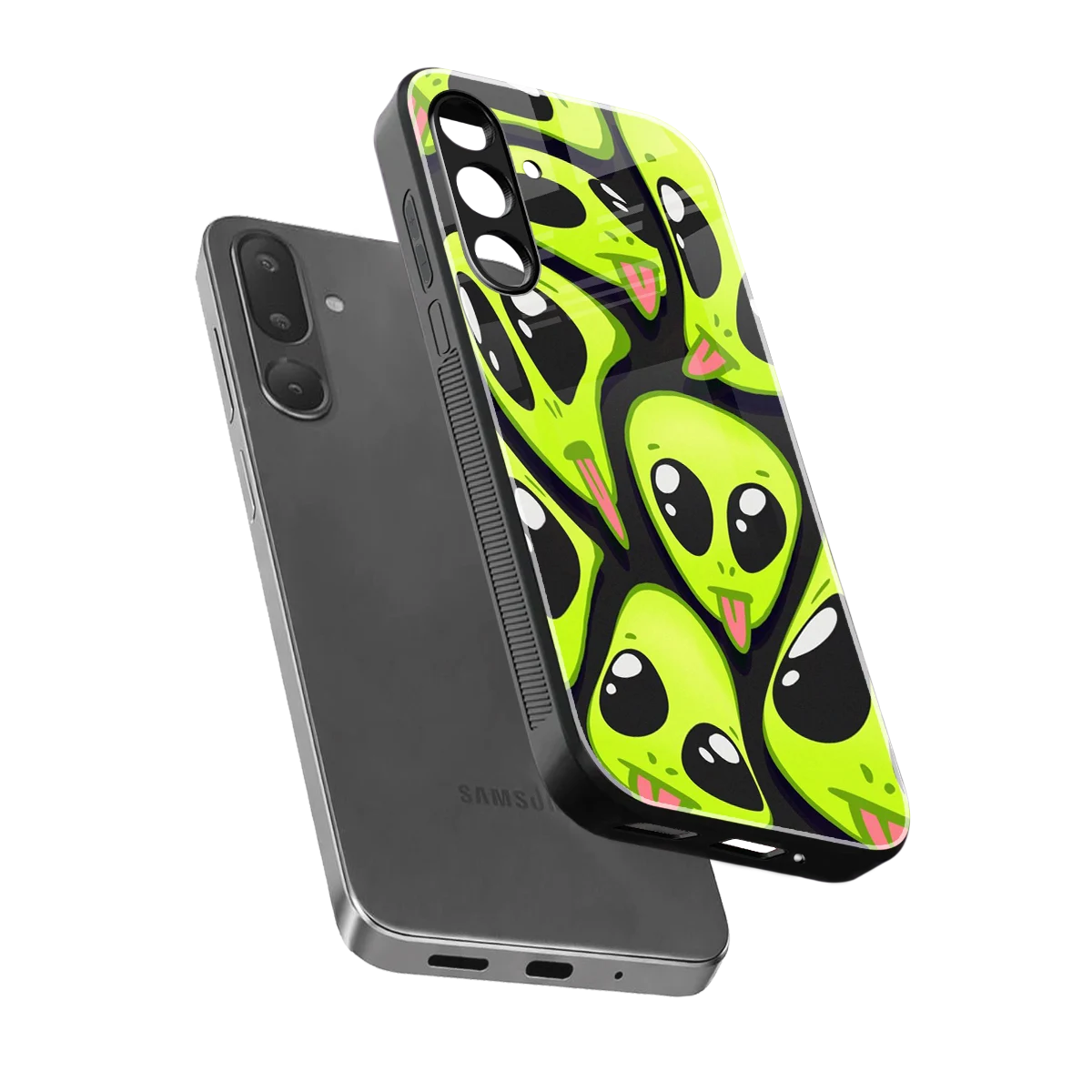 Trippy Aliens sleek samsung galaxy m36 5g cover with tempered glass back and TPU edges