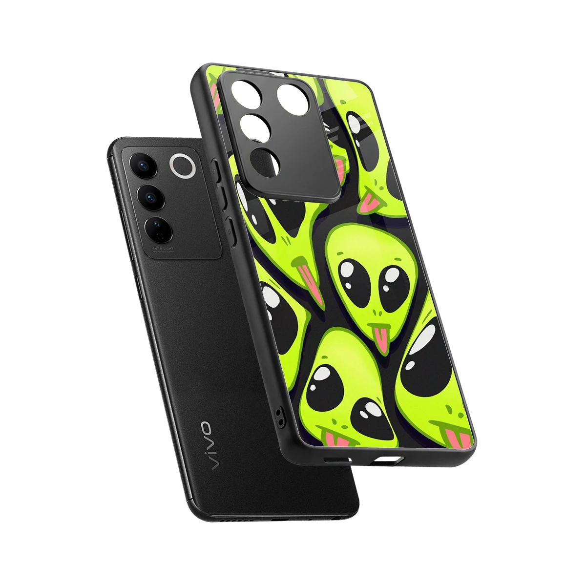 Trippy Aliens sleek vivo v27 5g cover with tempered glass back and TPU edges