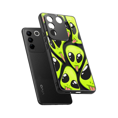 Trippy Aliens sleek vivo v27 5g cover with tempered glass back and TPU edges