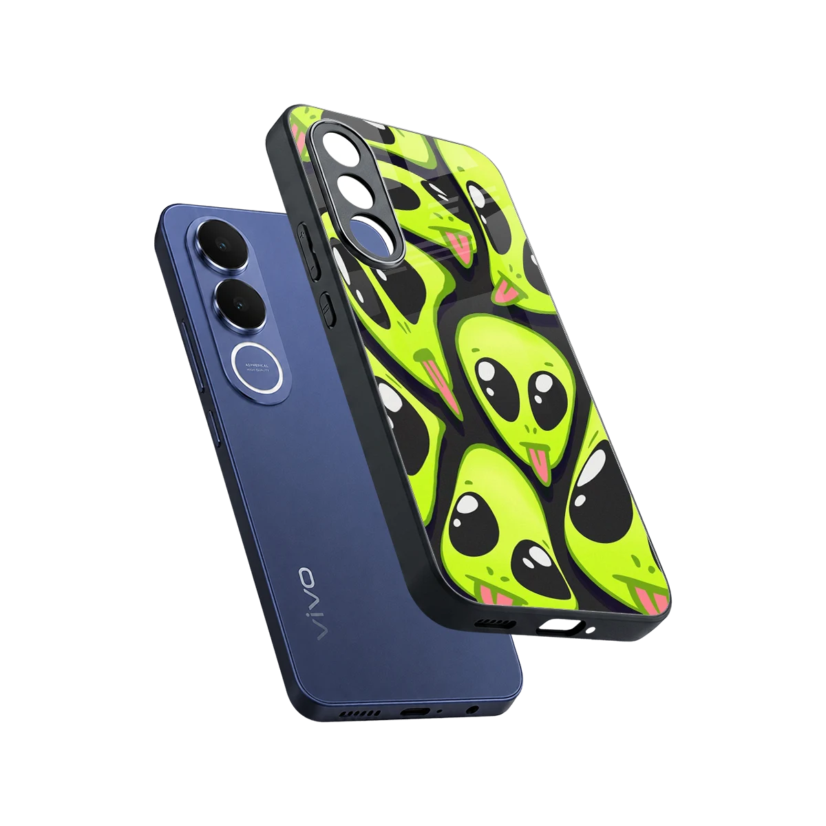 Trippy Aliens sleek vivo v70 fe cover with tempered glass back and TPU edges