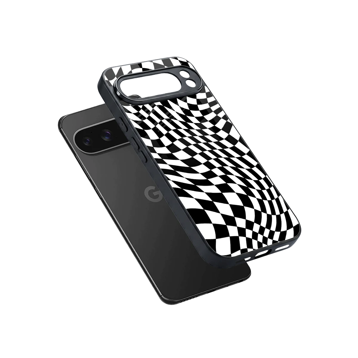 Trippy BW Checkers sleek google pixel 10 pro xl cover with tempered glass back and TPU edges