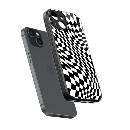 Trippy BW Checkers sleek iphone 13 cover with tempered glass back and TPU edges