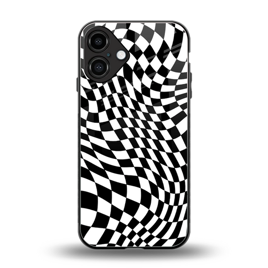 Trippy BW Checkers back phone cover | glass case for iphone 16 plus