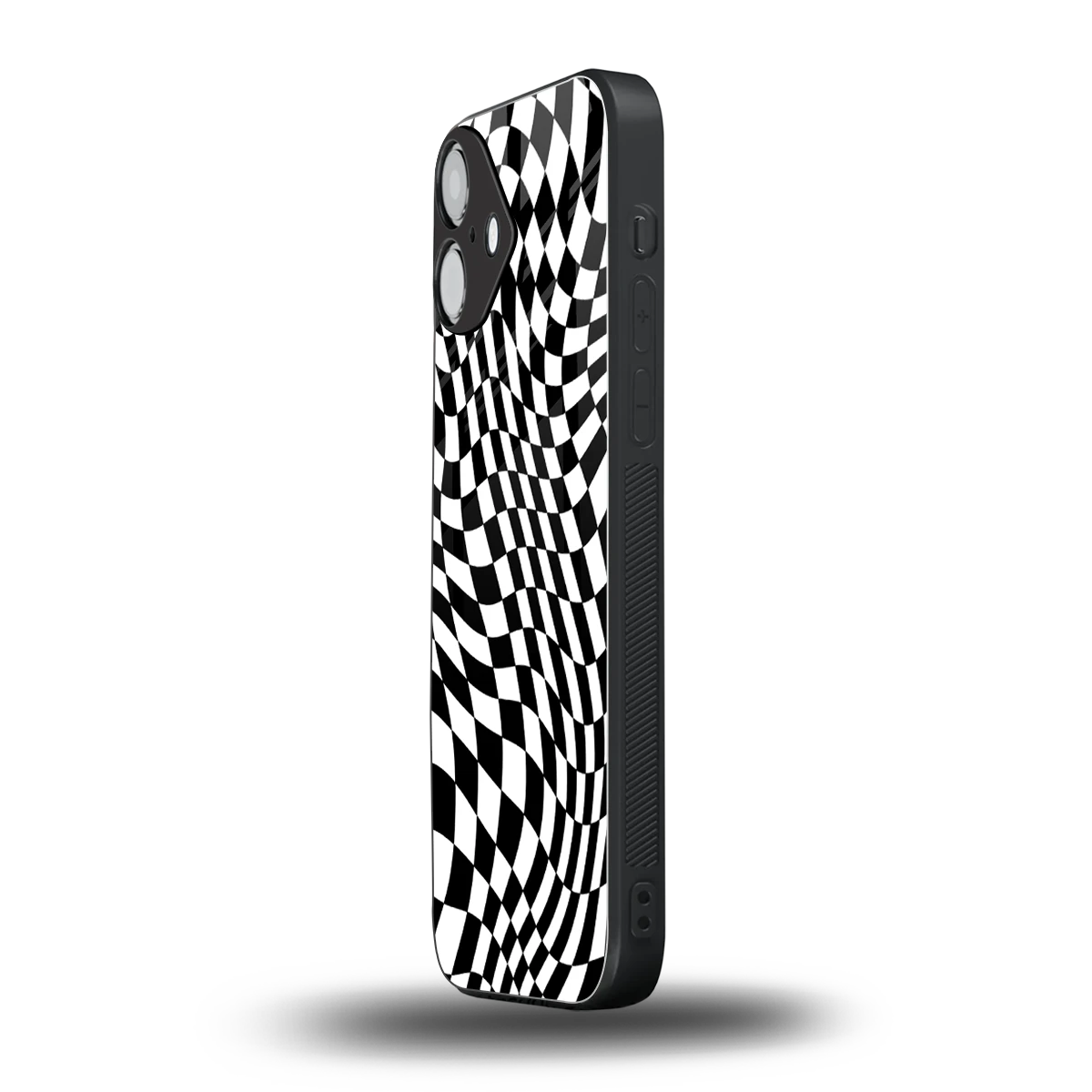 Trippy BW Checkers iphone 16 plus mobile cover | shockproof glass phone case