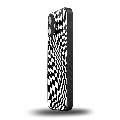 Trippy BW Checkers iphone 16 plus mobile cover | shockproof glass phone case