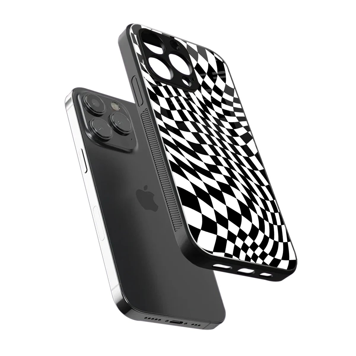 Trippy BW Checkers sleek iphone 16 pro max cover with tempered glass back and TPU edges
