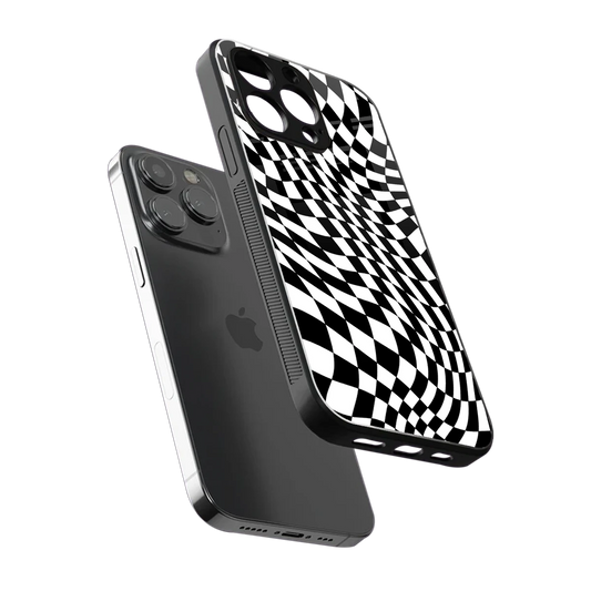 Trippy BW Checkers sleek iphone 16 pro cover with tempered glass back and TPU edges