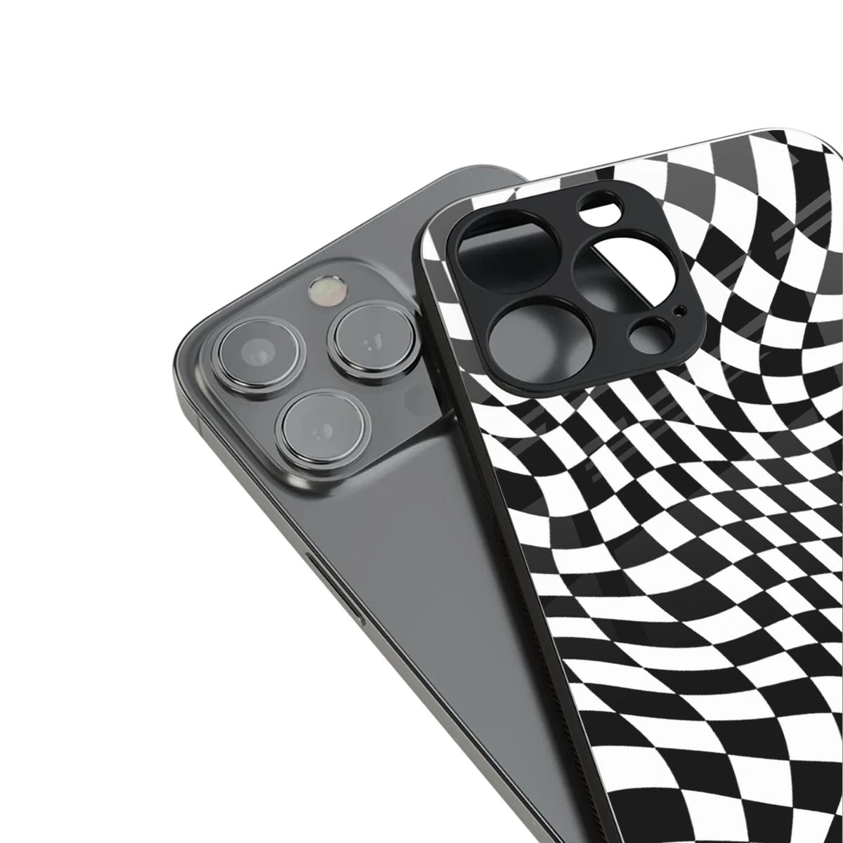 Trippy BW Checkers stylish phone case for iPhone 16 | glossy glass and slim fit