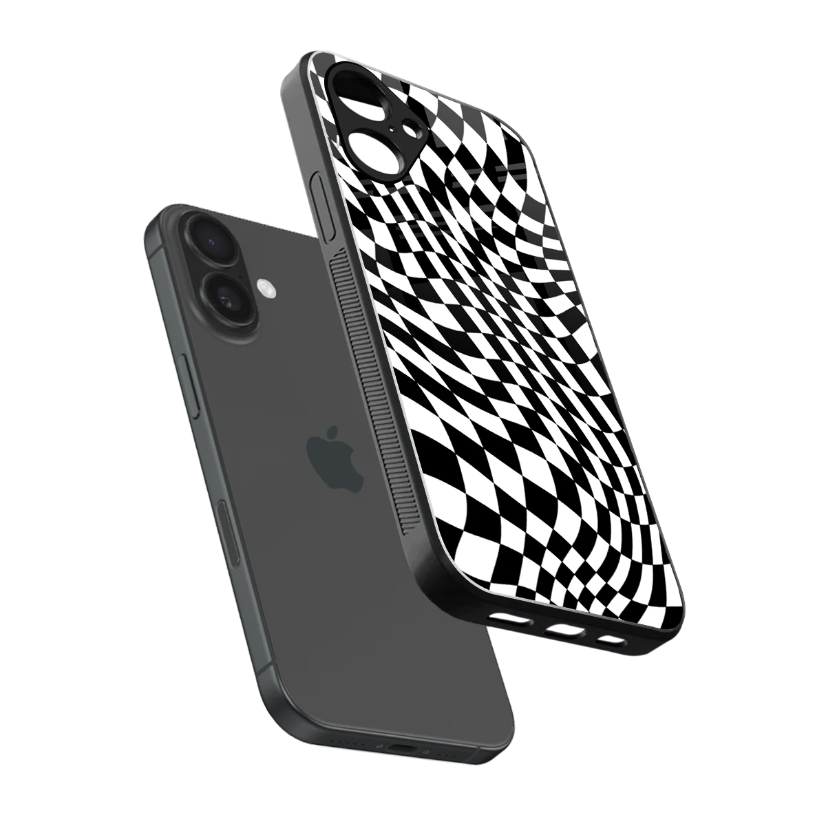 Trippy BW Checkers sleek iPhone 16 cover with tempered glass back and TPU edges