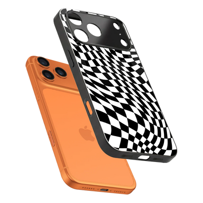 Trippy BW Checkers sleek iphone 17 pro max cover with tempered glass back and TPU edges