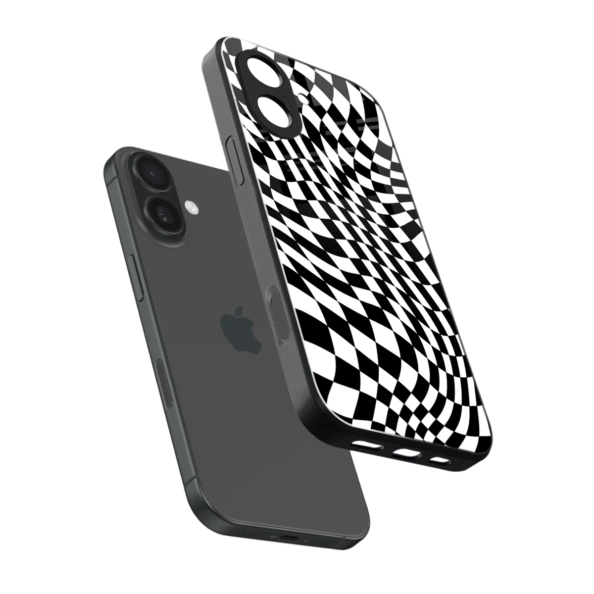 Trippy BW Checkers sleek iphone 17 cover with tempered glass back and TPU edges