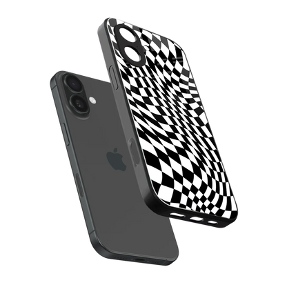 Trippy BW Checkers sleek iphone 17 cover with tempered glass back and TPU edges