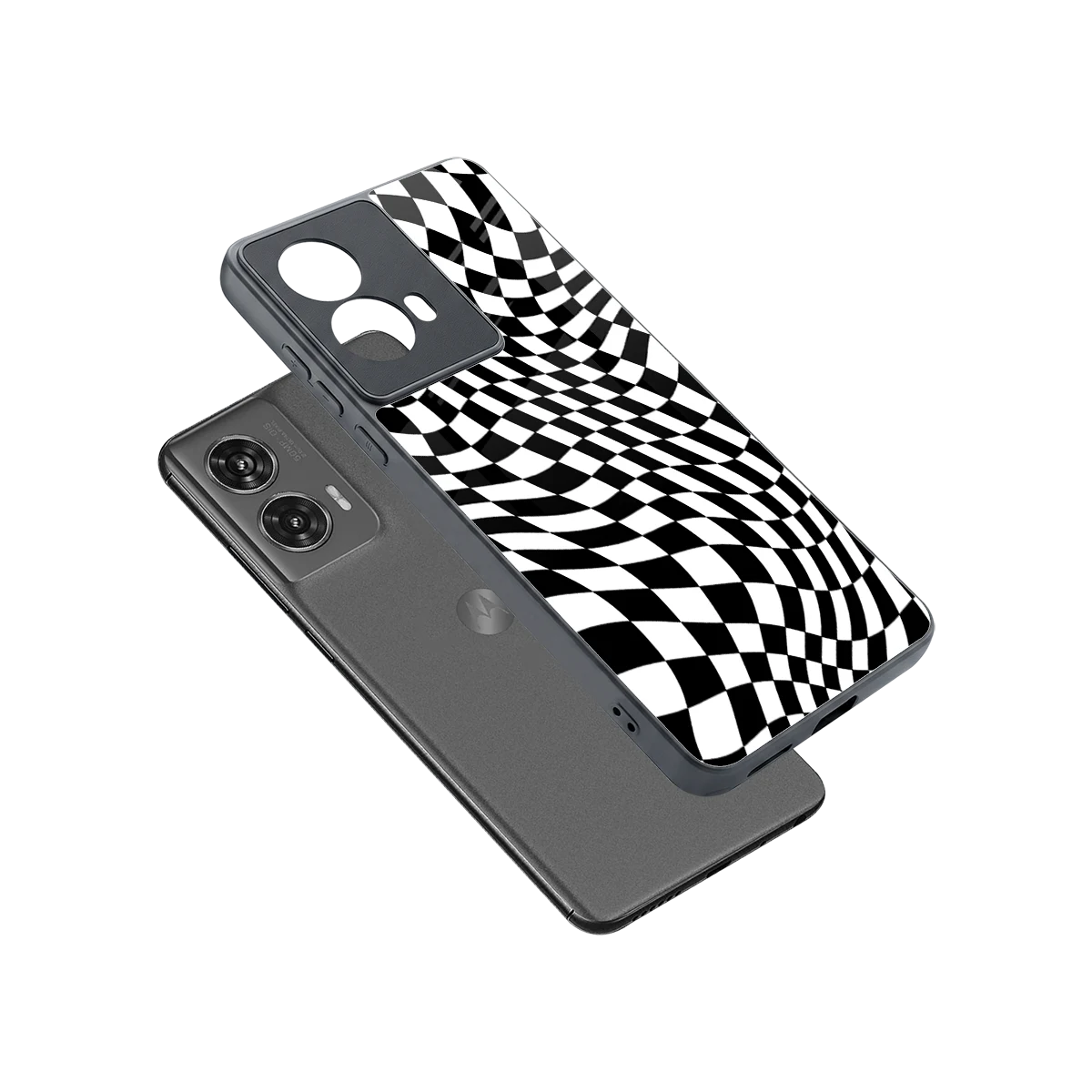 Trippy BW Checkers sleek motorola edge 50 fusion cover with tempered glass back and TPU edges