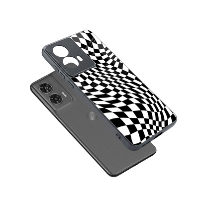 Trippy BW Checkers sleek motorola edge 50 fusion cover with tempered glass back and TPU edges