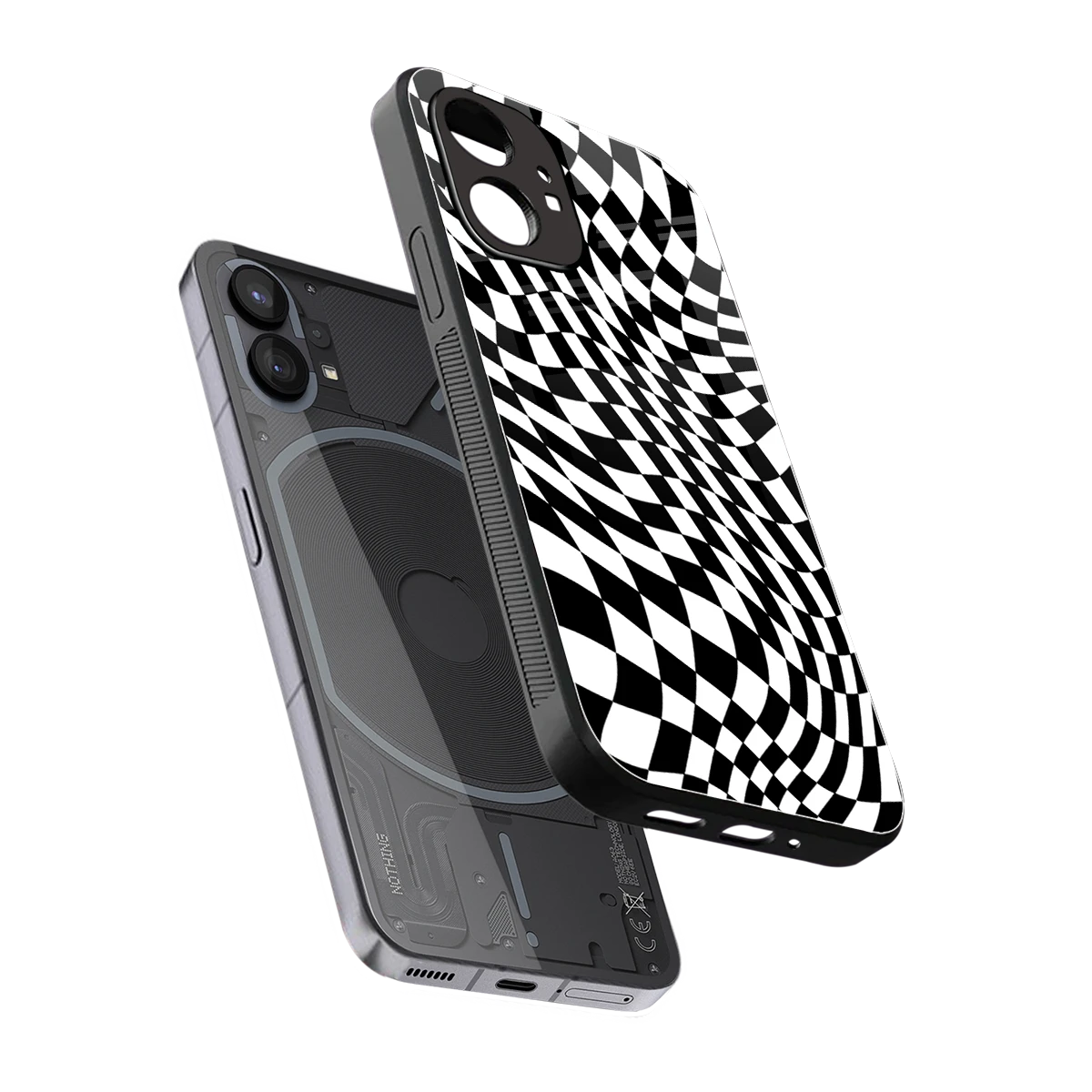 Trippy BW Checkers sleek nothing phone 1 cover with tempered glass back and TPU edges