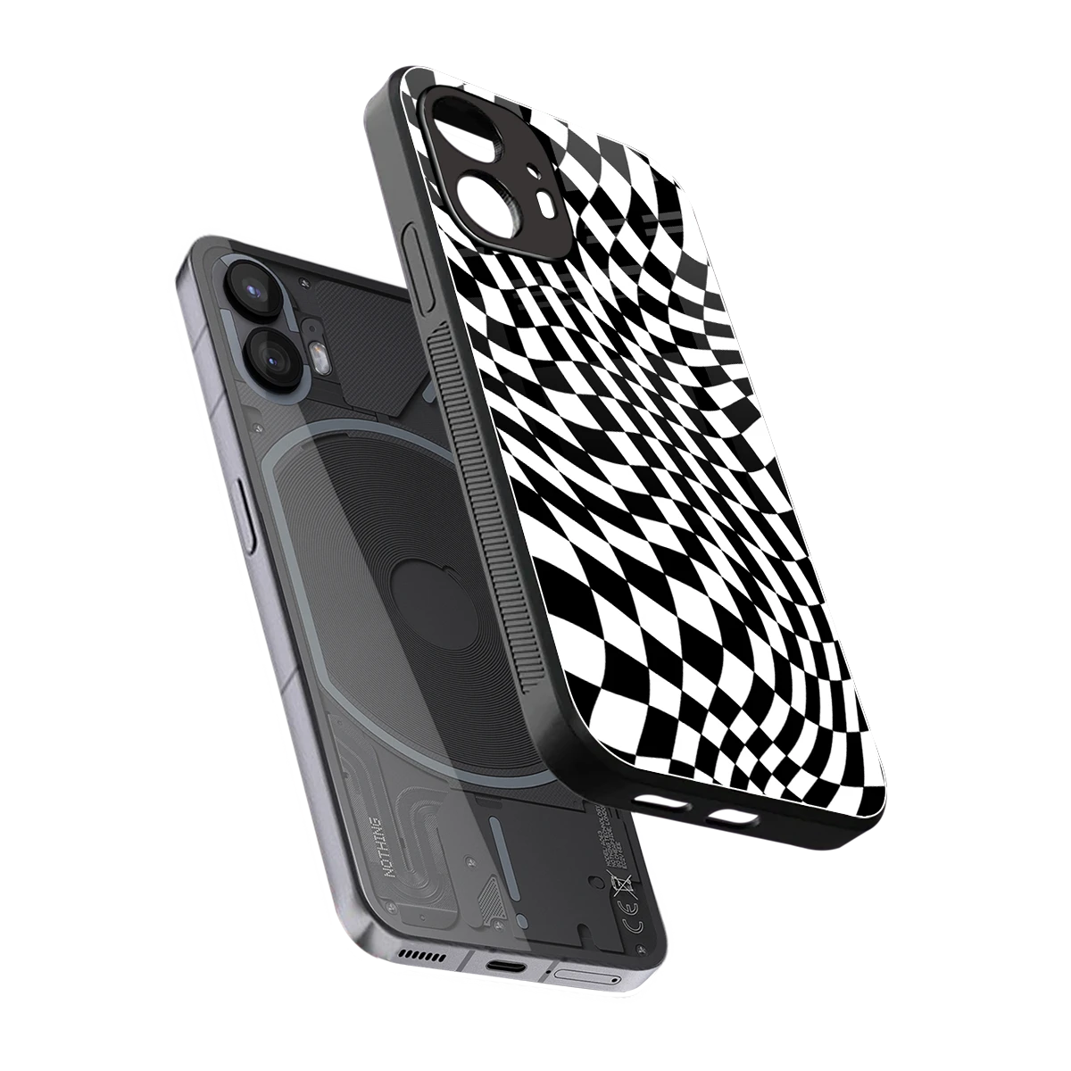 Trippy BW Checkers sleek nothing phone 2 cover with tempered glass back and TPU edges