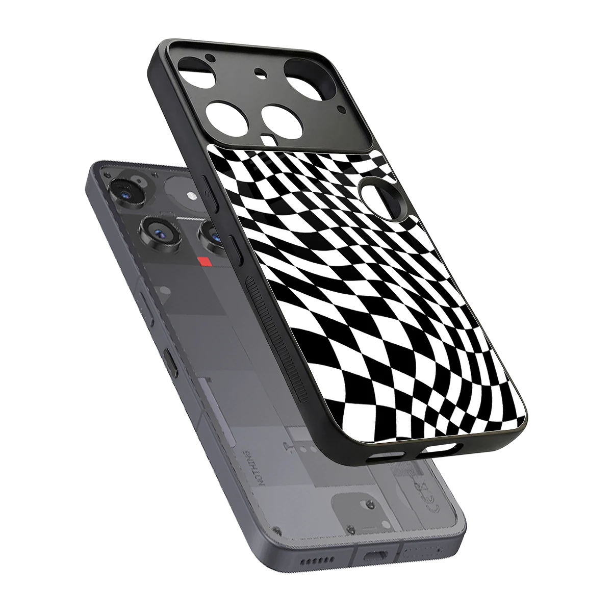 Trippy BW Checkers sleek nothing phone 3 cover with tempered glass back and TPU edges