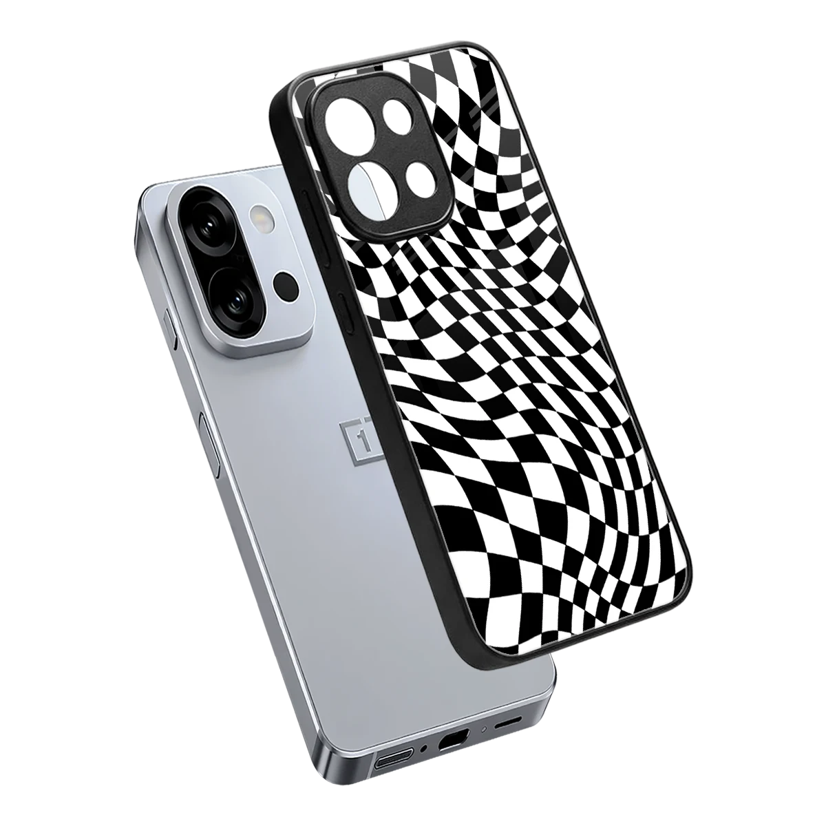 Trippy BW Checkers sleek oneplus 13s cover with tempered glass back and TPU edges