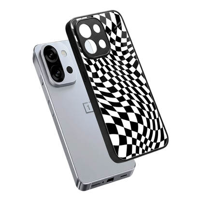 Trippy BW Checkers sleek oneplus 13s cover with tempered glass back and TPU edges