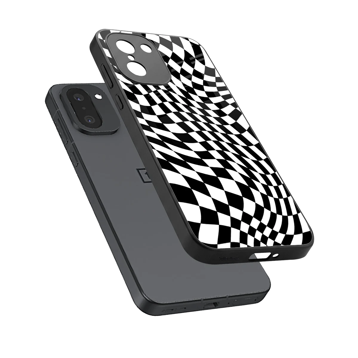 Trippy BW Checkers sleek oneplus 15r cover with tempered glass back and TPU edges