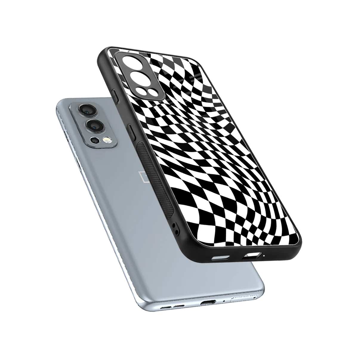 Trippy BW Checkers sleek oneplus nord 2 cover with tempered glass back and TPU edges