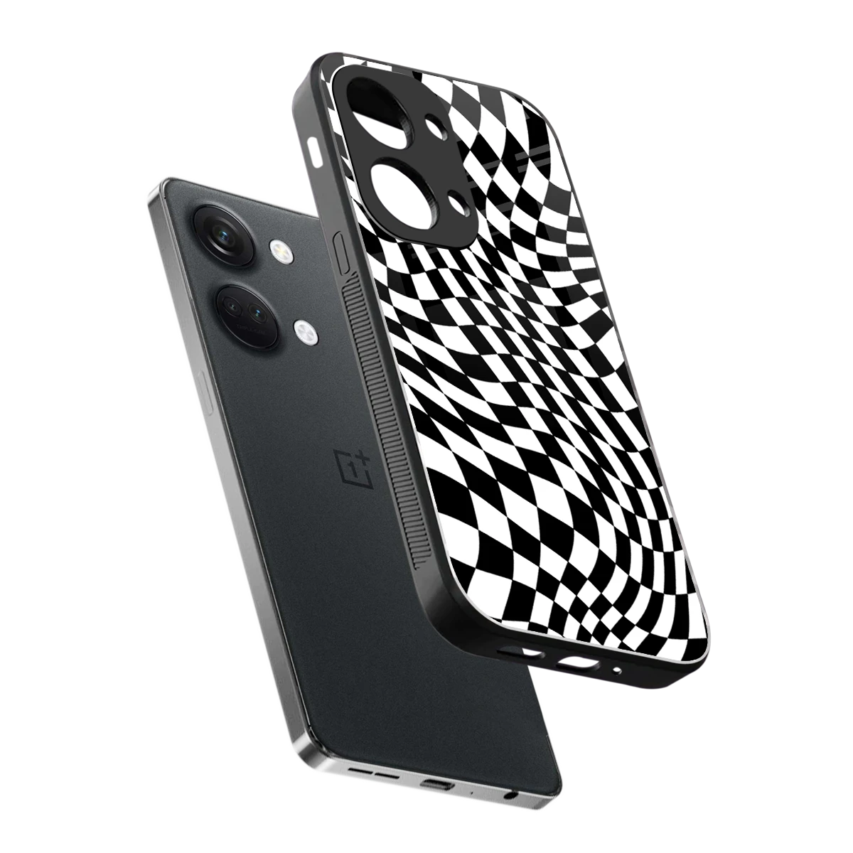 Trippy BW Checkers sleek oneplus nord 3 cover with tempered glass back and TPU edges