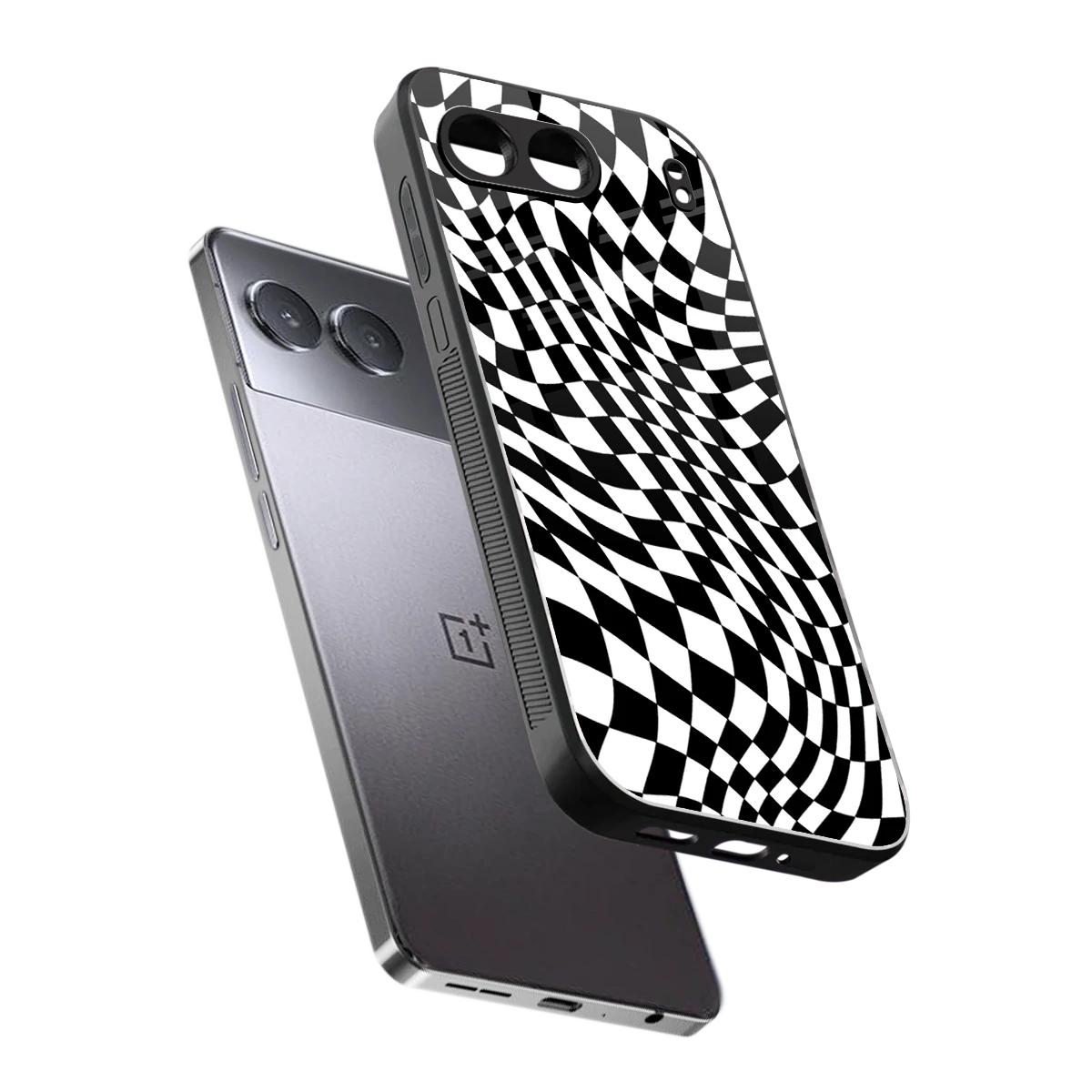 Trippy BW Checkers sleek oneplus nord 4 cover with tempered glass back and TPU edges