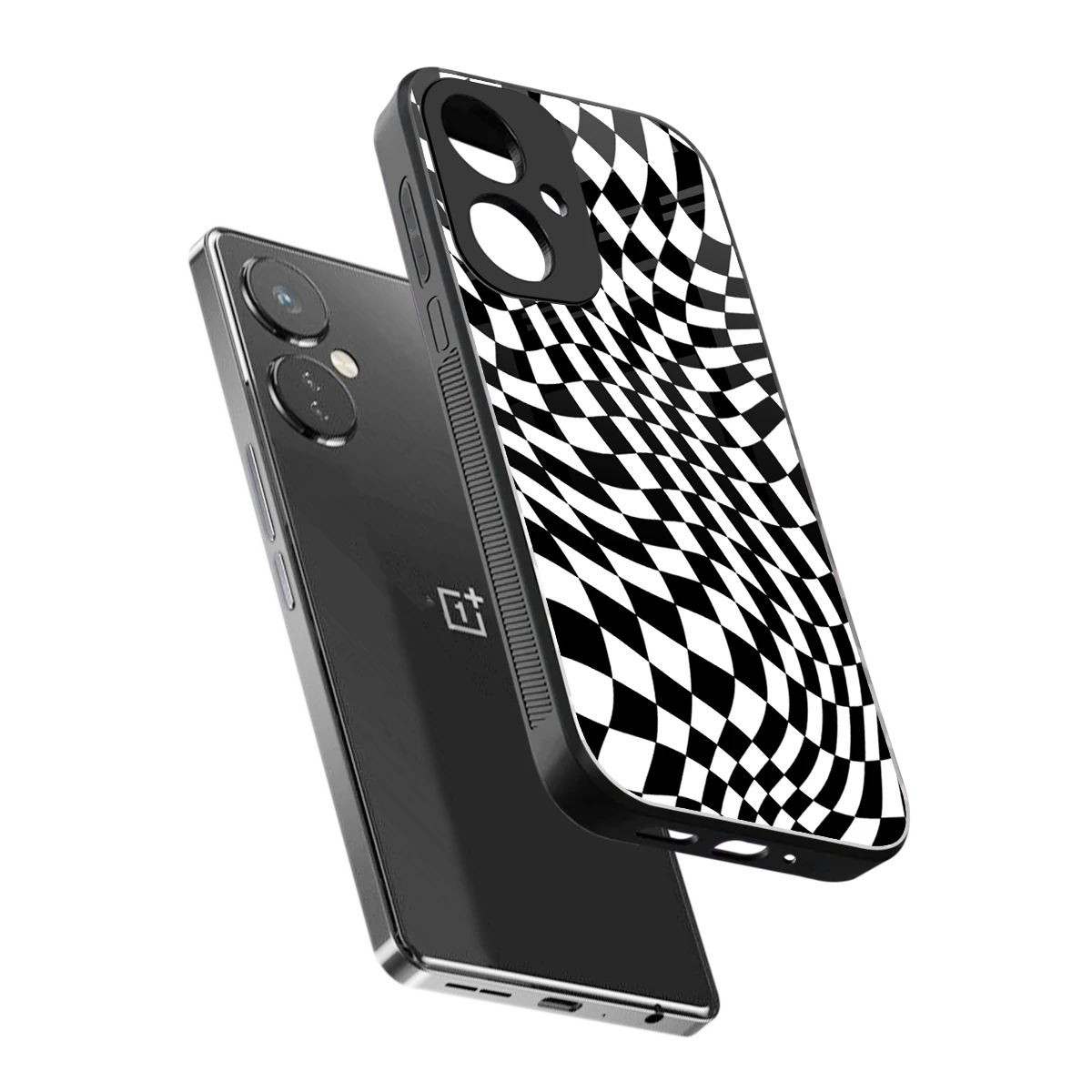 Trippy BW Checkers sleek oneplus nord ce 3 cover with tempered glass back and TPU edges