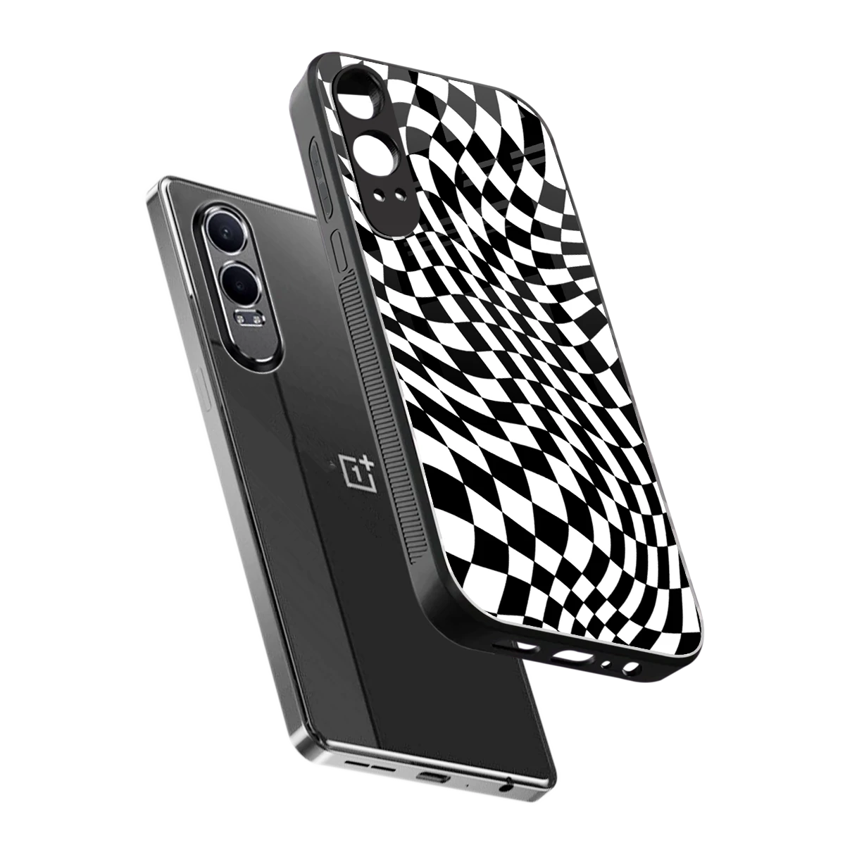 Trippy BW Checkers sleek oneplus nord ce 4 lite cover with tempered glass back and TPU edges