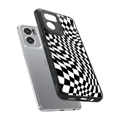 Trippy BW Checkers sleek oneplus nord ce 2 cover with tempered glass back and TPU edges