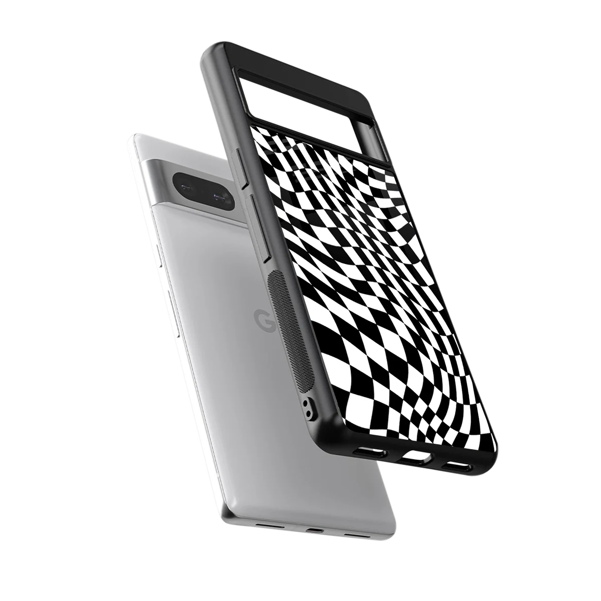 Trippy BW Checkers sleek google pixel 7a cover with tempered glass back and TPU edges