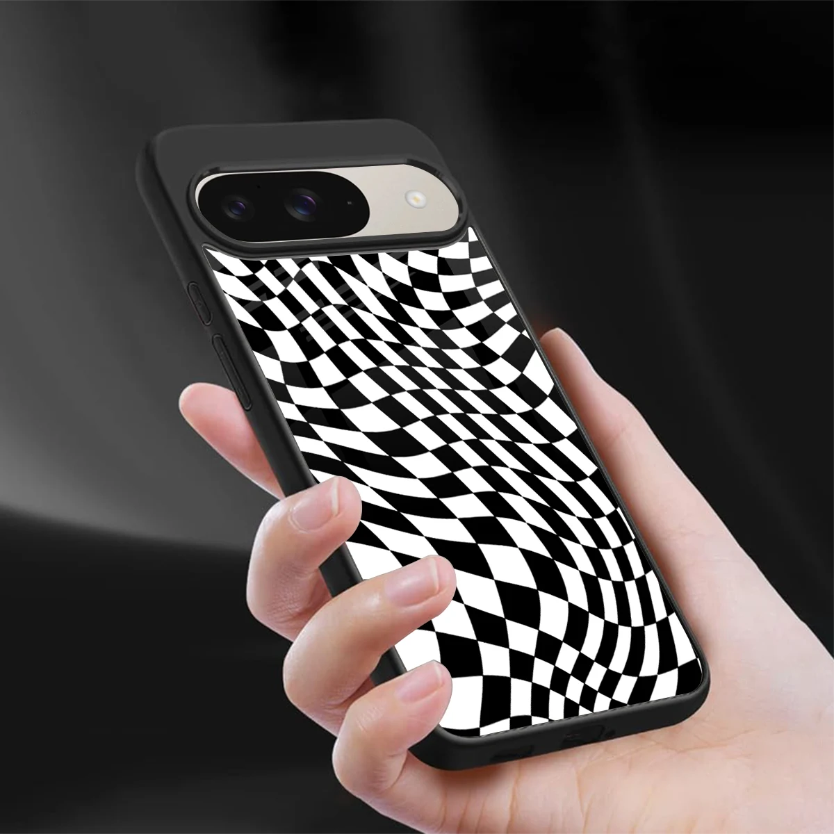Trippy BW Checkers sleek google pixel 9 cover with tempered glass back and TPU edges