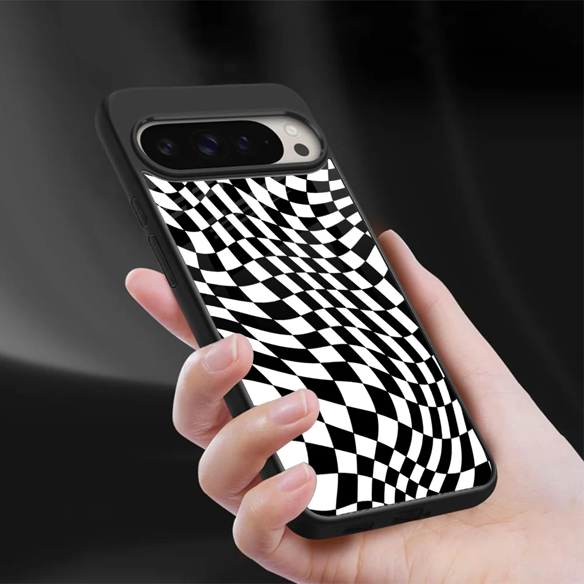 Trippy BW Checkers sleek google pixel 9 pro cover with tempered glass back and TPU edges