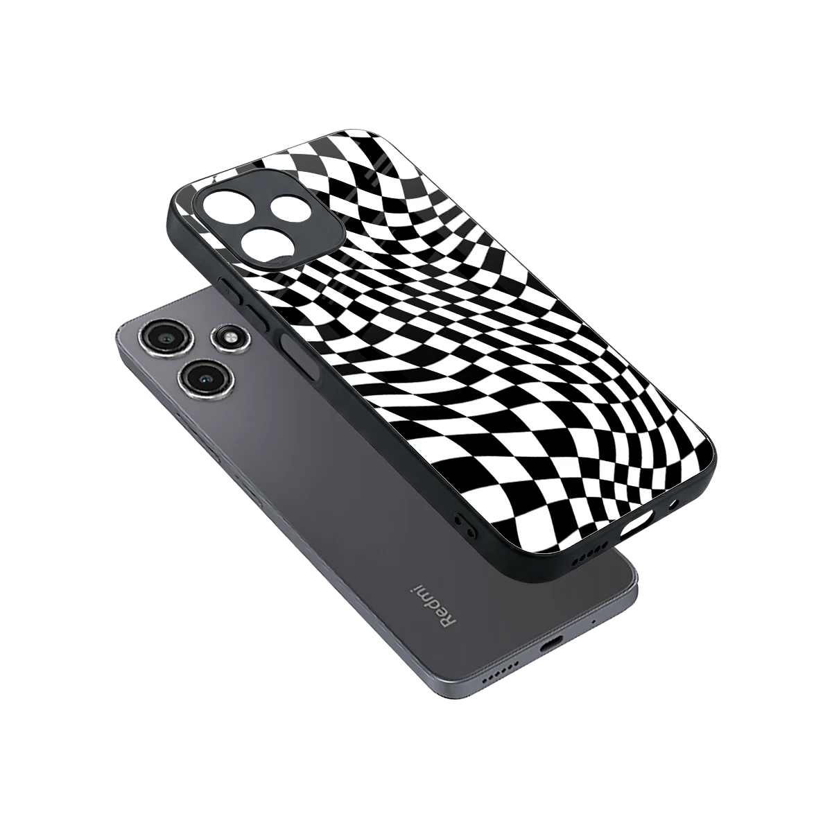 Trippy BW Checkers sleek redmi 12 5g cover with tempered glass back and TPU edges