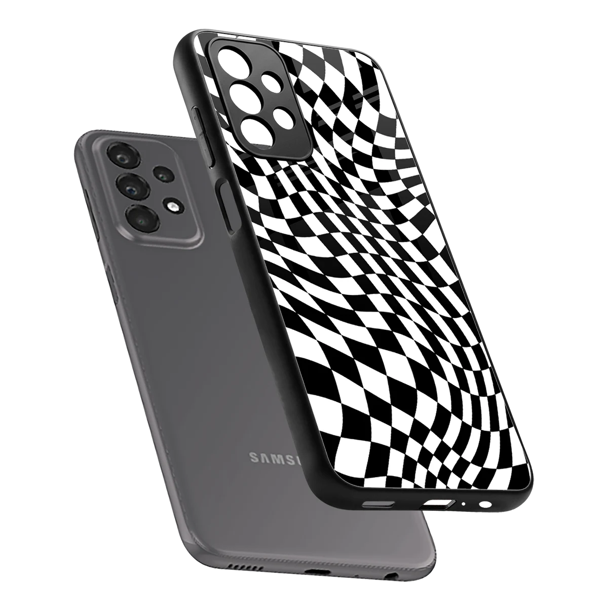 Trippy BW Checkers sleek samsung galaxy a23 cover with tempered glass back and TPU edges