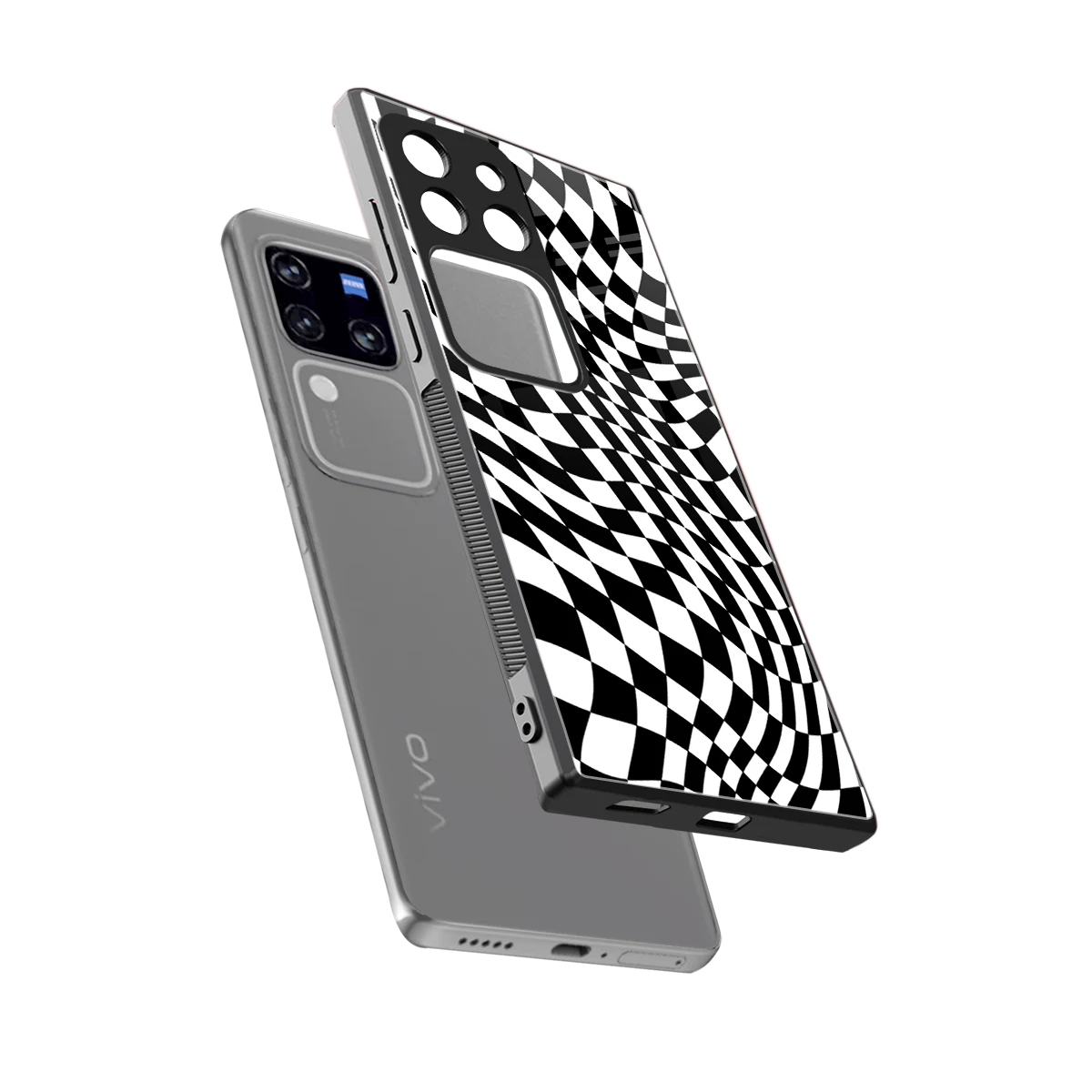 Trippy BW Checkers sleekvivo v30 pro cover with tempered glass back and TPU edges